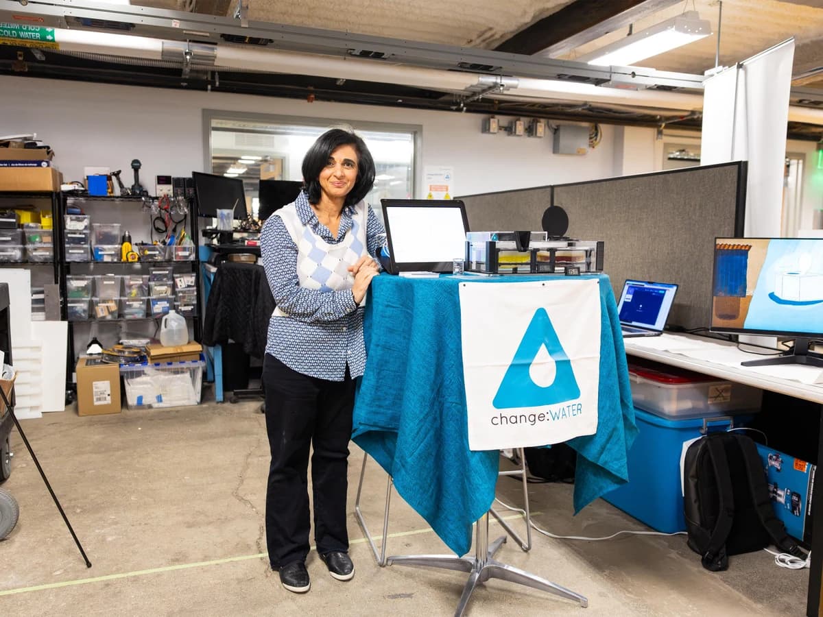A founder demoing a water treatment device at a past Greentown Boston event