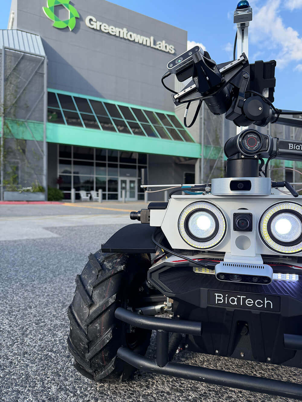A BiaTech autonomous robot parked outside the Greentown Labs building