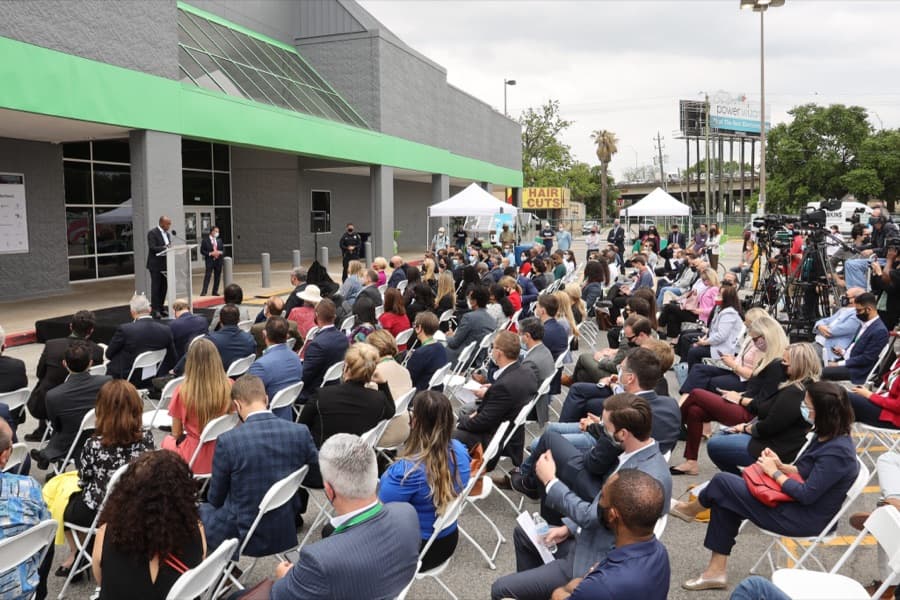 Crowd gathered outside for the Greentown Houston opening event