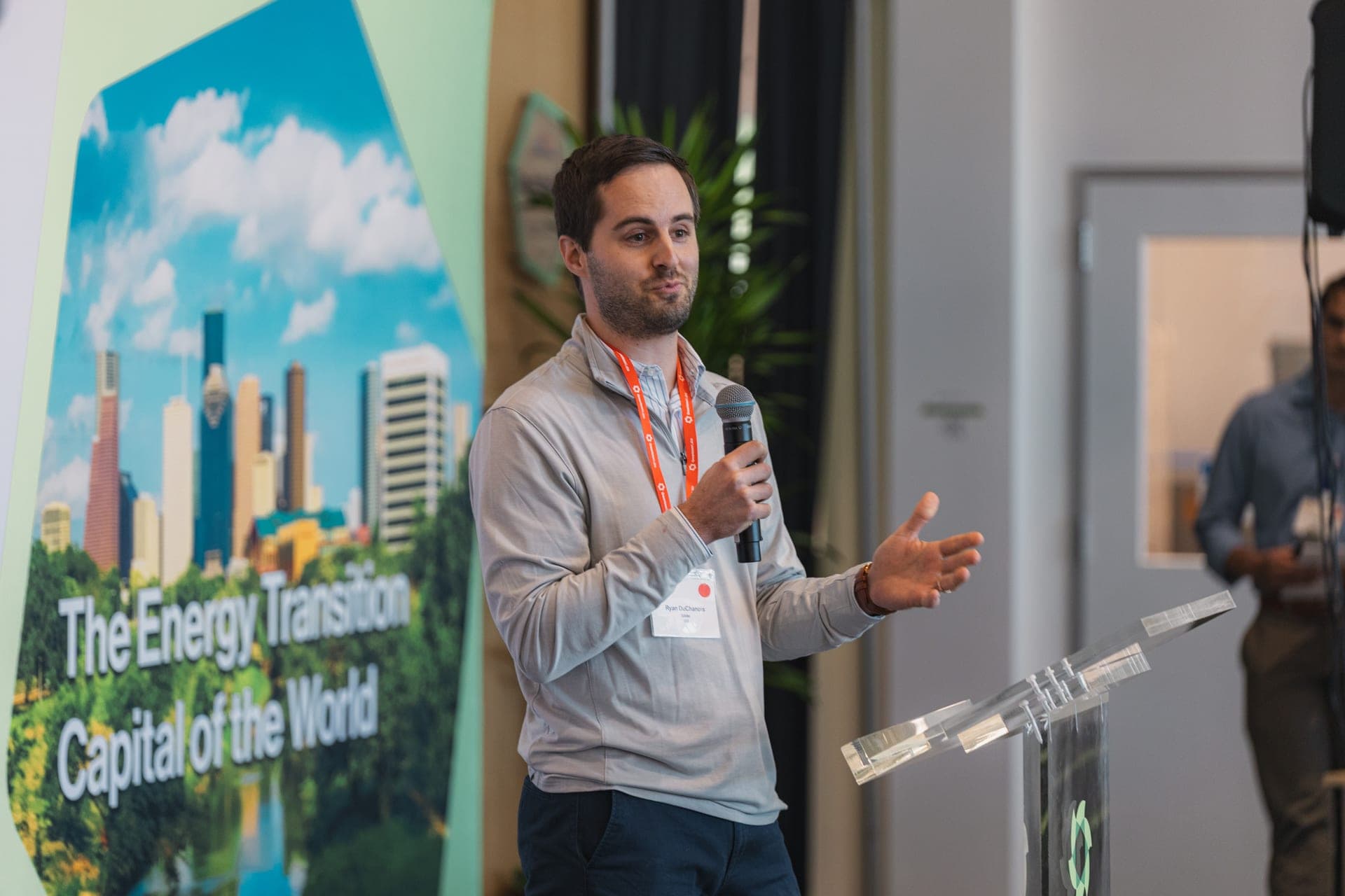 Speaker presenting on the energy transition at Greentown Houston